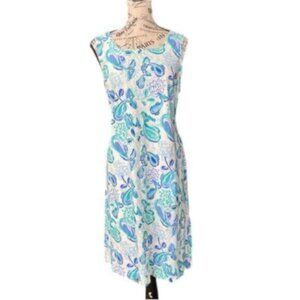 Sleeveless White Dress with Blue & Aqua Paisley Print